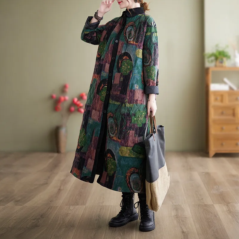 New Vintage Ethnic Print Loose Long Sleeve Coat For Women - Green Flower