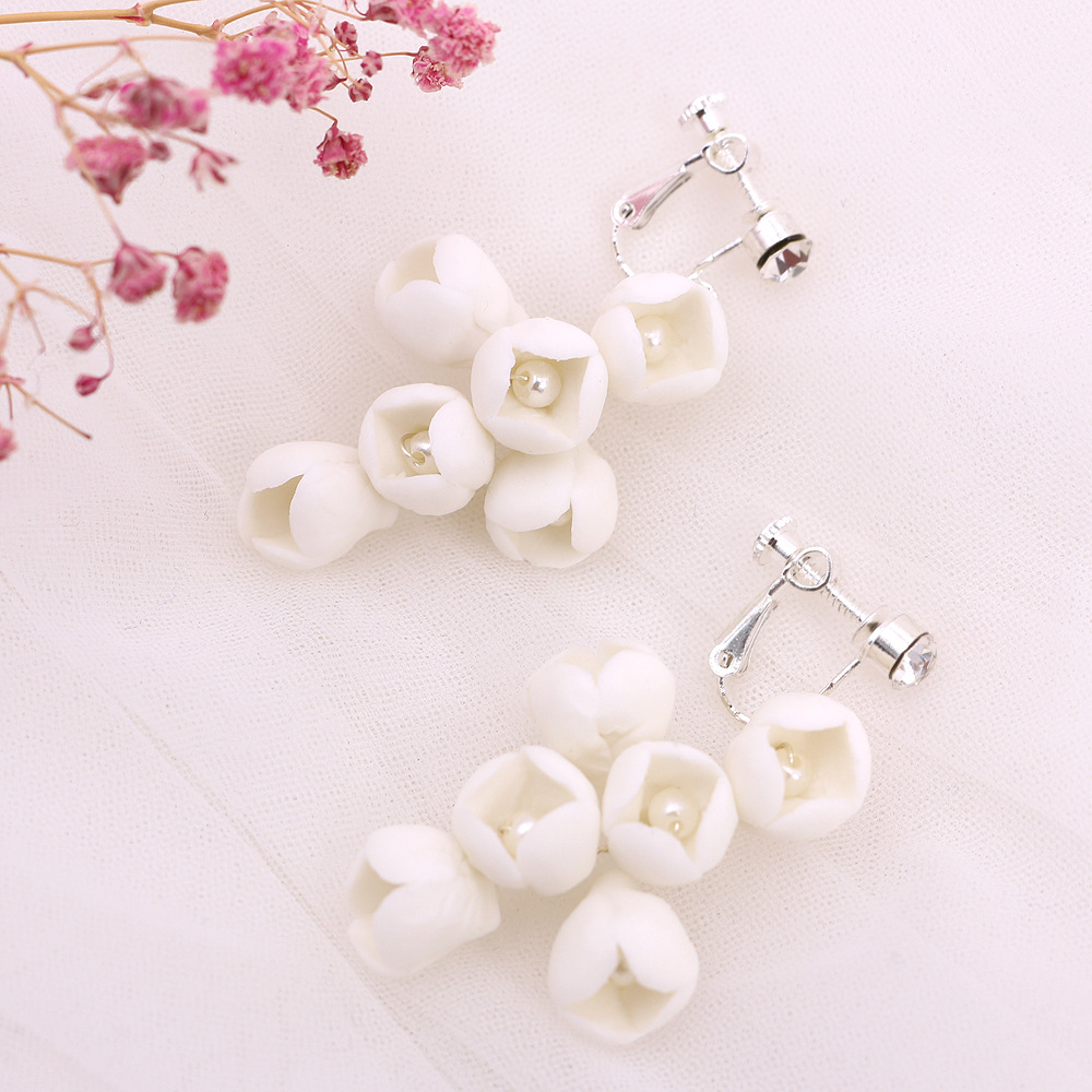 Title 3, White Ceramic Flower Ear Clip With Pearl Handmade