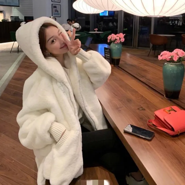 Women's Rex Rabbit Fur Hooded Loose Overcoat Jacket White - Shop at LoveMi