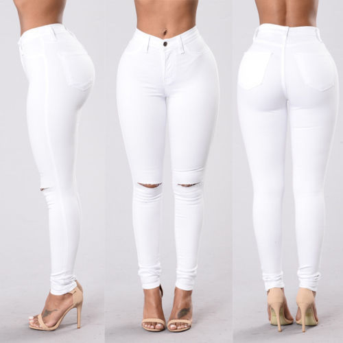 Women's Bag Buttocks Ripped Pencil Jeans White - Shop at LoveMi