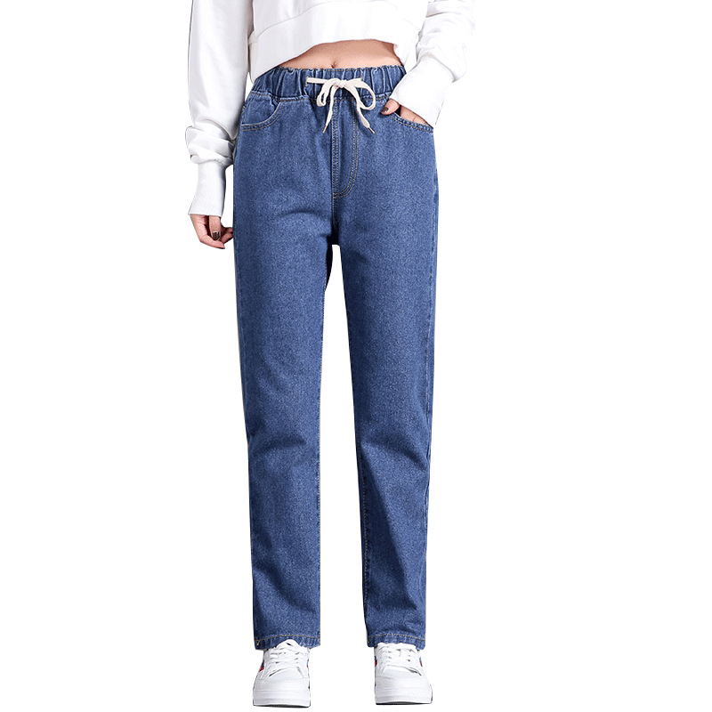 Straight Casual Elastic Waist Lace up High waist Jeans Women's Loose Pants Navy - Shop at LoveMi