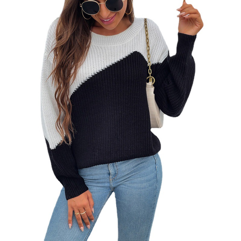 Title 2, Round Neck Contrast Stitching Pullover Sweater