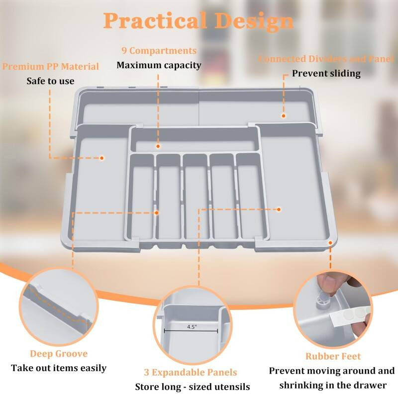 Adjustable 6-9 Compartment Kitchen Drawer Organiser For Large Capacity, Perfect Utensil Drawer Organiser, Cutlery Drawer Organiser, Cutlery Tray