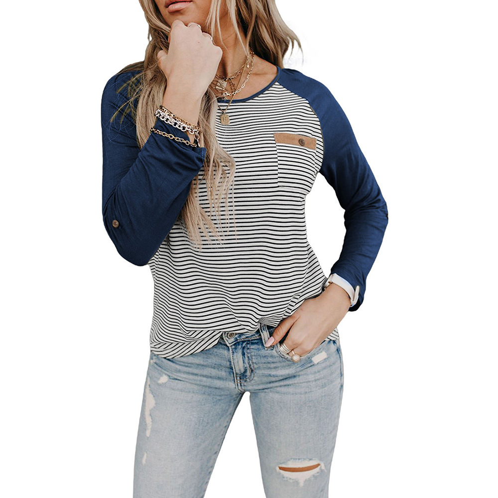 Title 2, Striped Stitching Pocket Casual Ladies Sweater