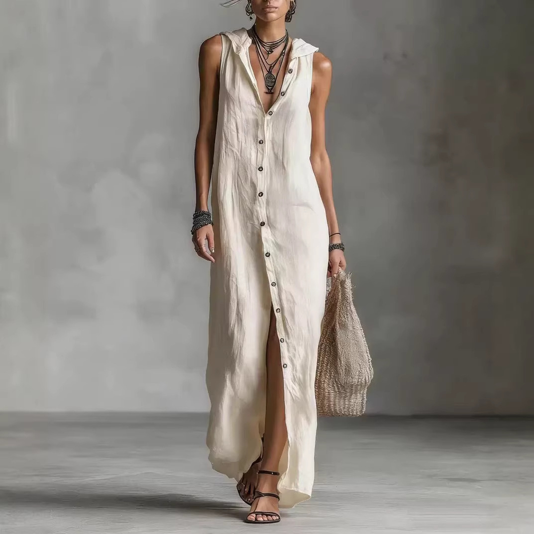 Sleeveless Hooded Maxi Dress With Button Placket Women's Clothing