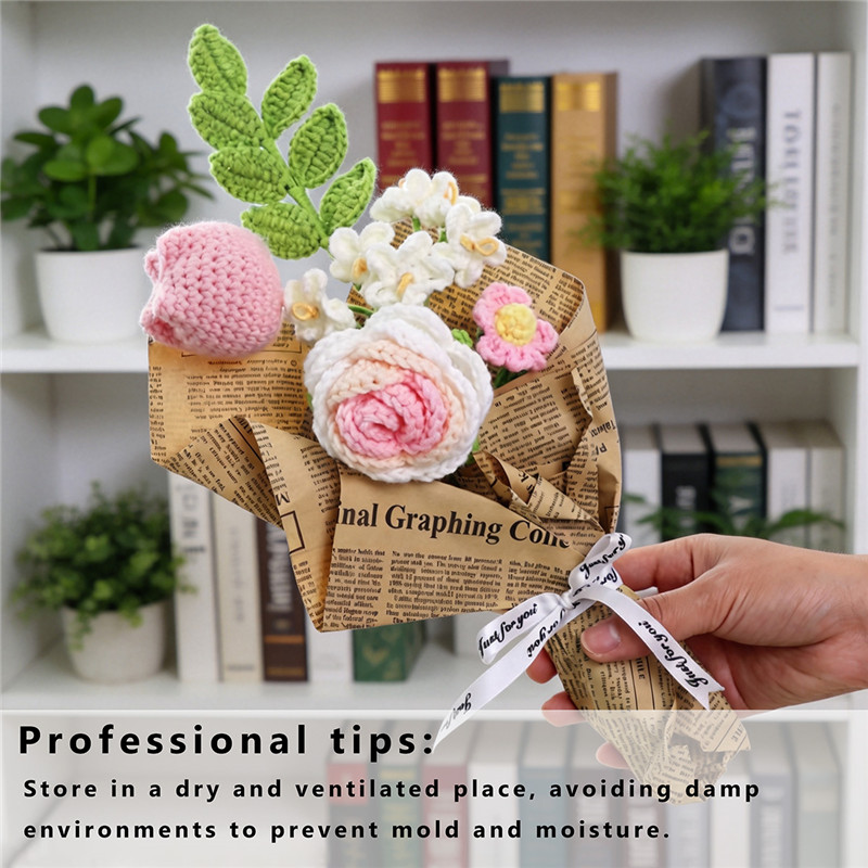 Handmade Crochet Rose Tulip Mixed Flower Bouquet, Knitted Yarn Everlasting Floral Arrangement