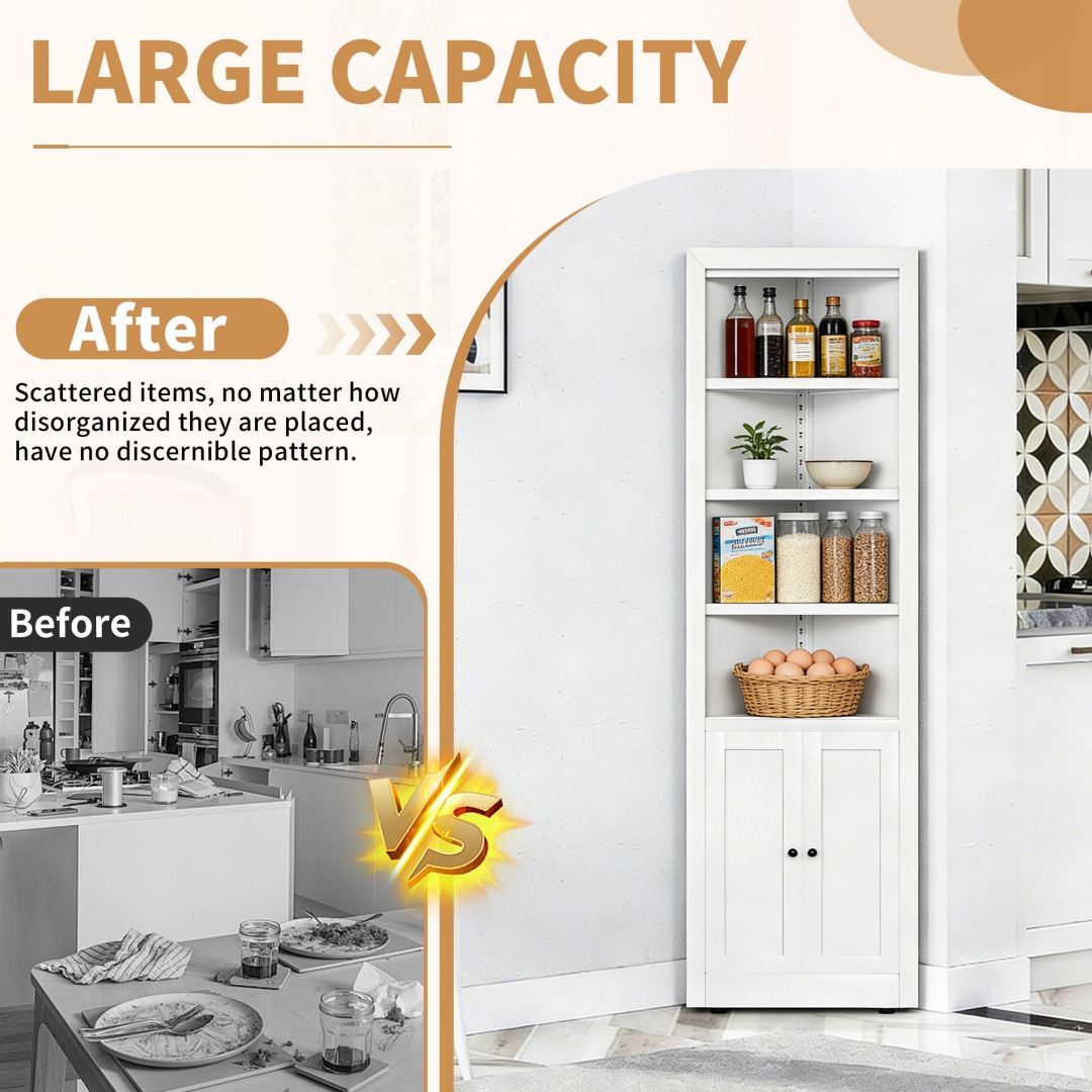 71in Tall Corner Storage Cabinet With 2 Doors, 5-Tier Metal Cabinet With Adjustable Shelves, Freestanding Kitchen Storage For Pantry, Living Room, Bathroom, Laundry Room, Space Saving Furniture, White