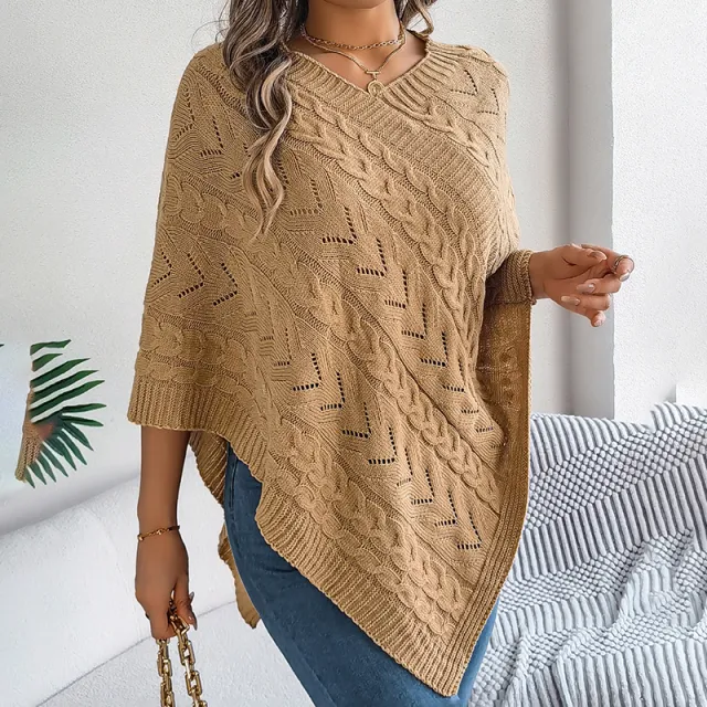 Women's Solid Color V Neck Cape Sweater Batwing Sleeve Open Knit Cardigan With Asymmetrical Hem Khaki - Shop at LoveMi