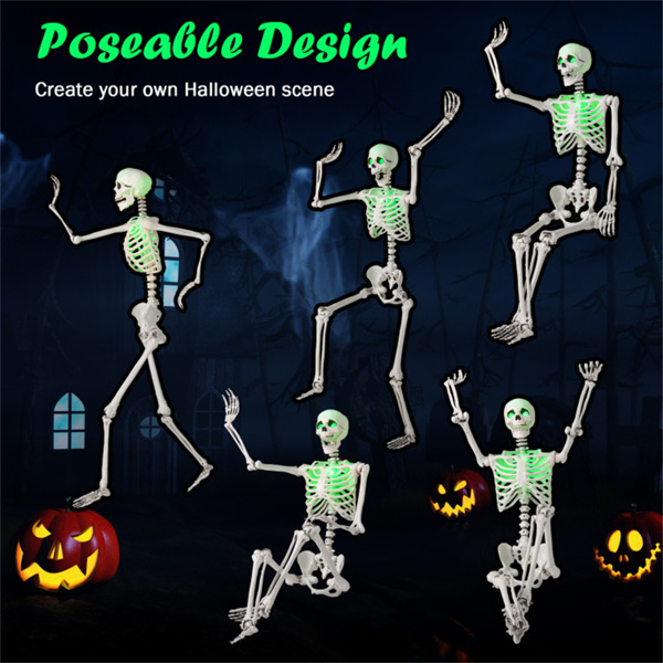 5.5ft Life-Size Pre-Lit Halloween Skeleton - Built-In Green LED Lights (Eyes/Chest), Fully Poseable Joints, PP+PE Material-19