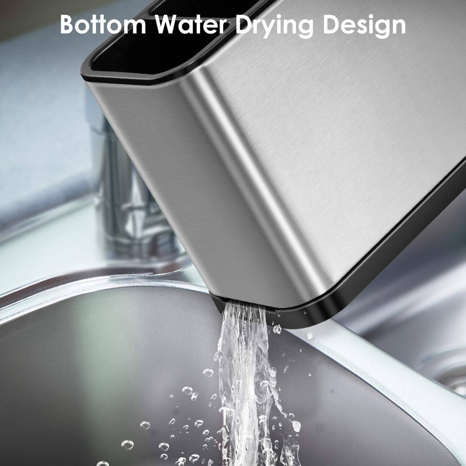 Cutlery Drainer For Sink With 4 Sections Stainless Steel & ABS Hybrid Spoon Holder Tilt-Drain & Anti-Slip Cutlery Organiser Quick-Dry Ventilated Kitchen Utensil Holder For Countertop