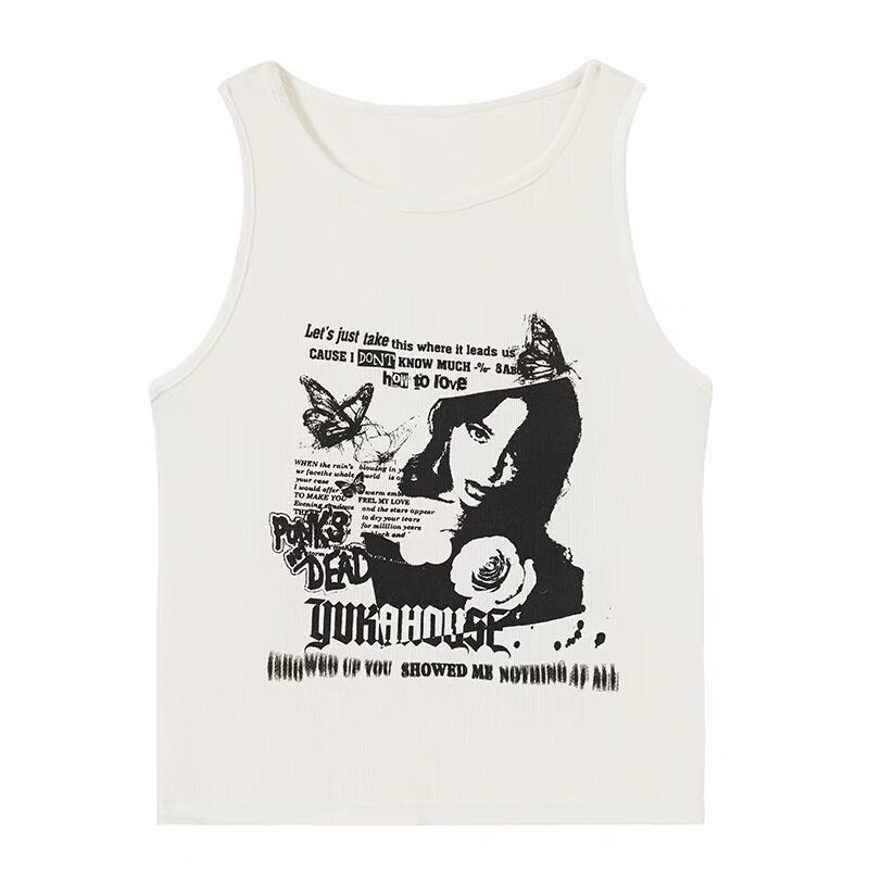 Streetwear Y2k Kawaii Print Sleeveless Ribbed Knit Vest Top Cropped Feminino Gothic Clothes White - Shop at LoveMi