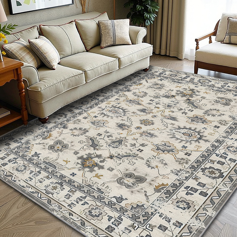 Retro Gray Style Flower Art Carpet Light Luxury Living Room Space Narrator Soft Style Can Also Improve The Home Texture Level 5x7ft Cashmere-like Washed Bottom 4