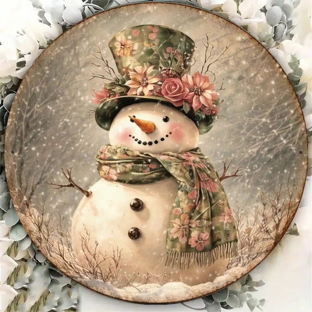 Vintage Snowman Round Sign 8x8in Cute Winter