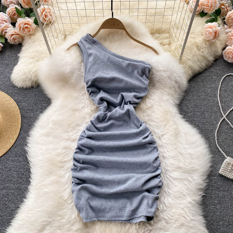 Women's Slanted Shoulder Tube Top Pleated Solid Color Dress - 3