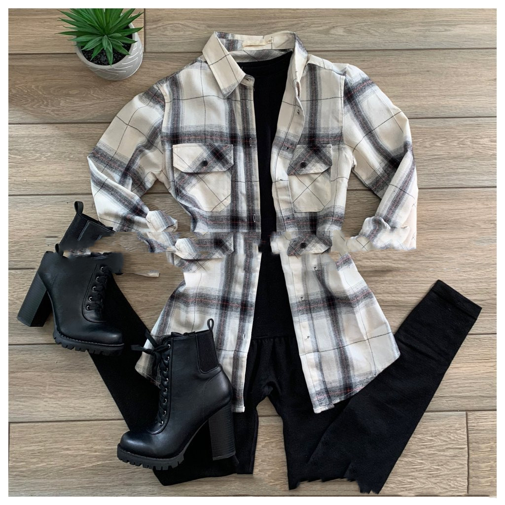 New Women's Fashion Black And White Plaid Long sleeved Shirt Jacket White - Shop at LoveMi