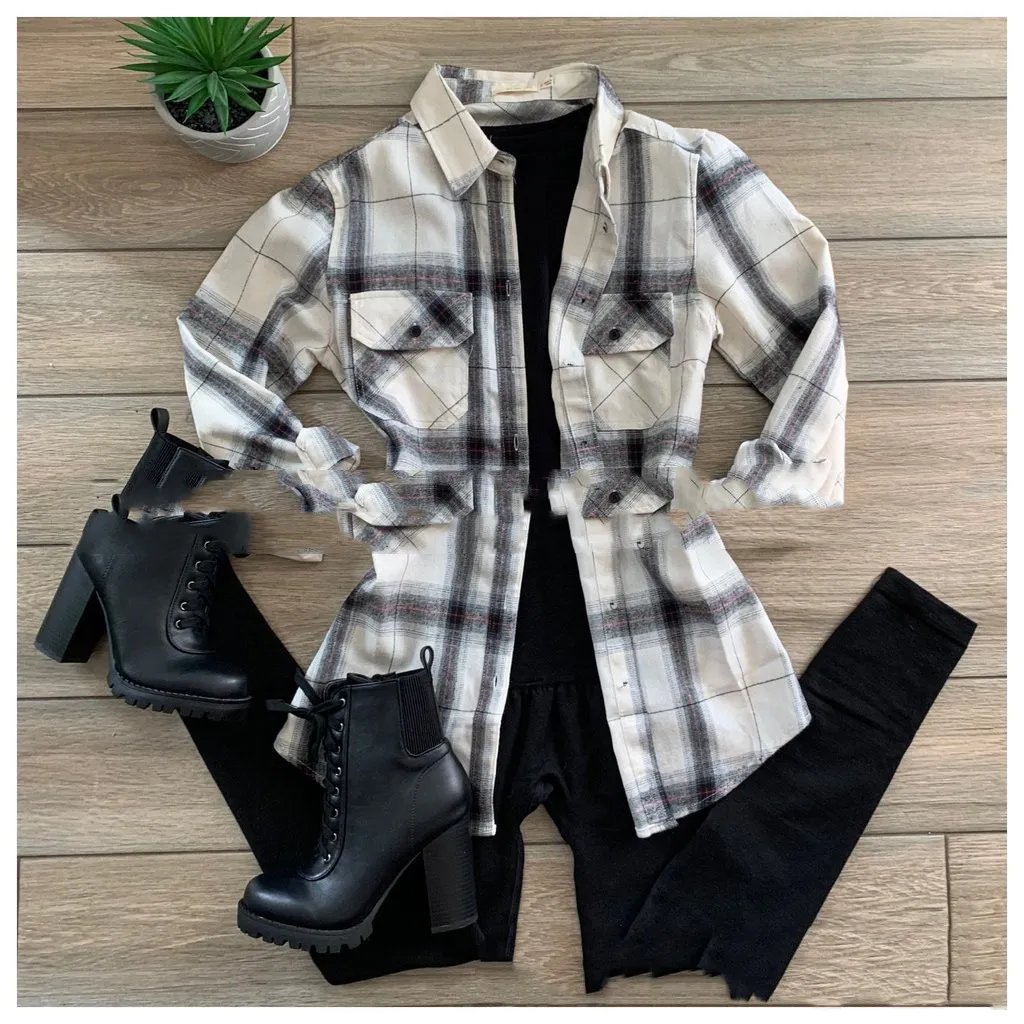 New Women's Fashion Black And White Plaid Long-sleeved Shirt Jacket - White