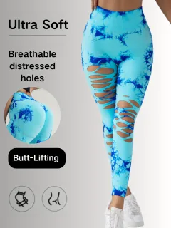 New Style Women's High-Waisted Yoga Leggings With Hollow-Out & Tie-Dye Design - Light Blue - View 1
