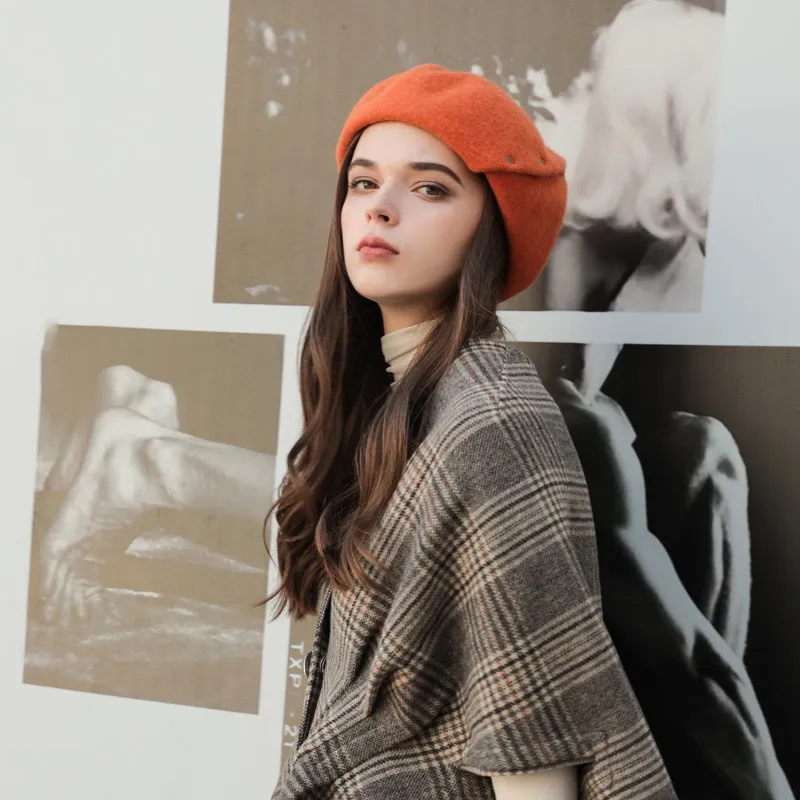 French New Style Ladies Wool Beret Spring And Autumn Models - Sunshine Orange