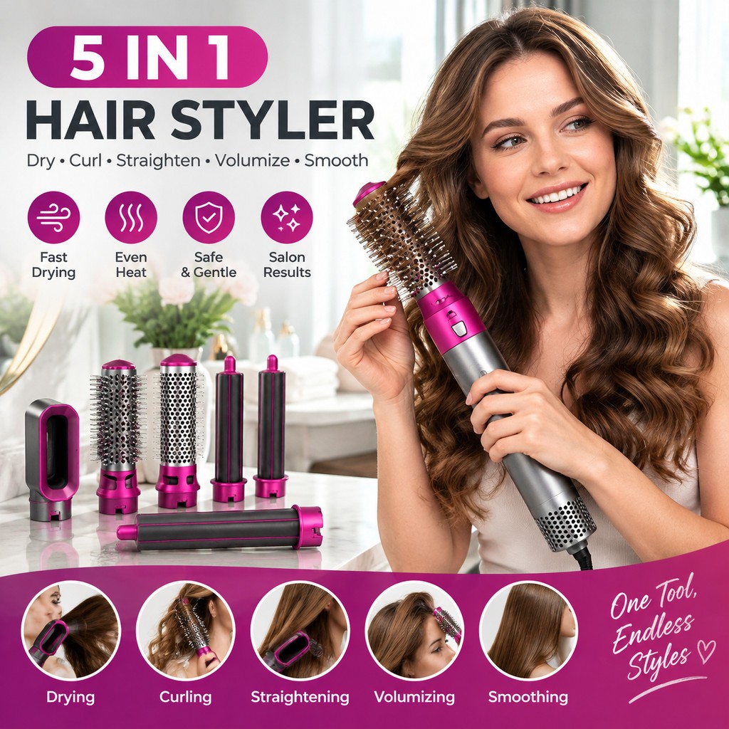 5 In 1 Hair Dryer Styler Curler Drying Straightening Brush — image 8