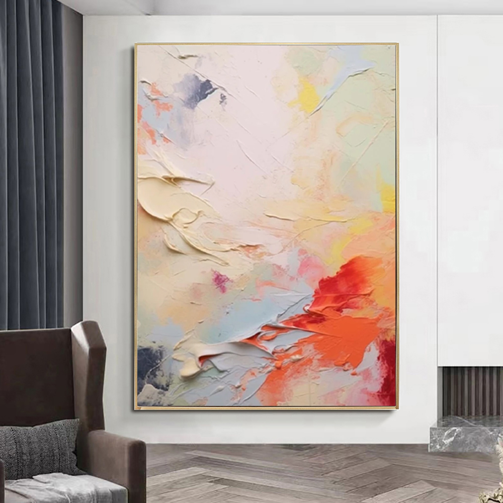لوحة جدارية زيتية يدوية على قماش بألوان أحمر مرجاني وأبيض وأصفر - فن تجريدي ملون أكريليك حديث للديكور المنزلي وغرفة المعيشة بدون إطار