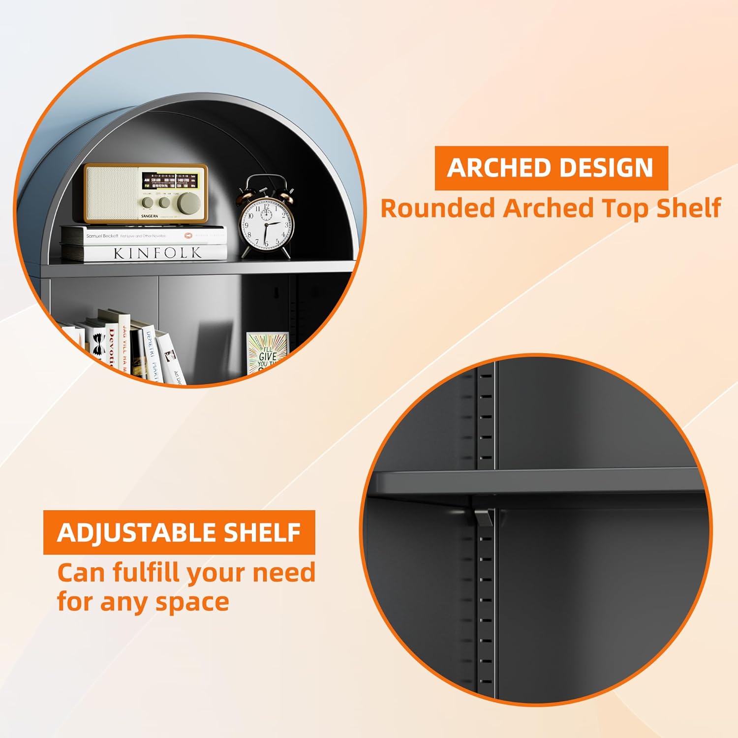 Modern Arched Metal Bookcase with Wheels – Freestanding Black Storage Shelf - Image 4