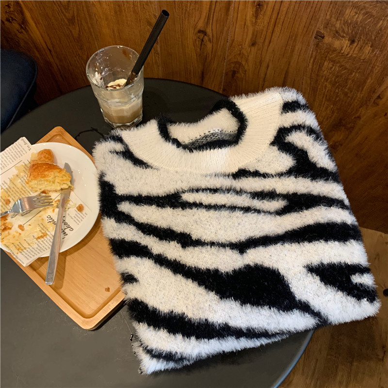 Title 3, Lazy Style Zebra Print Faux Mink Loose Sweater