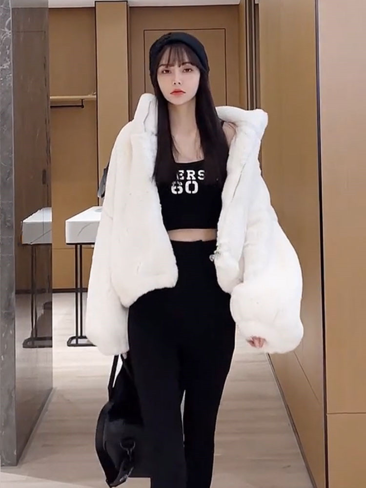 Stand-up Collar Letter Embroidery Rabbit Fur Short Coat Female Leather