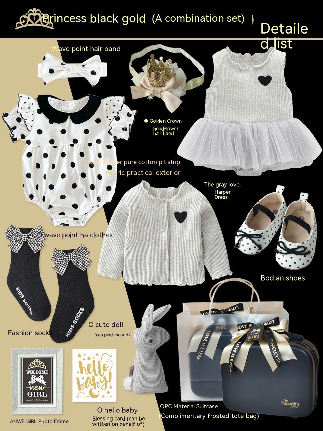 Color: Combination A, Suitable Height: 66 Yards - Baby Gift Package Little Princess Black Gold Dress Polka Dot Set