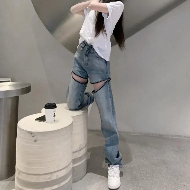 Removable Zipper Two way Ripped Wide legged Jeans Blue - Shop at LoveMi