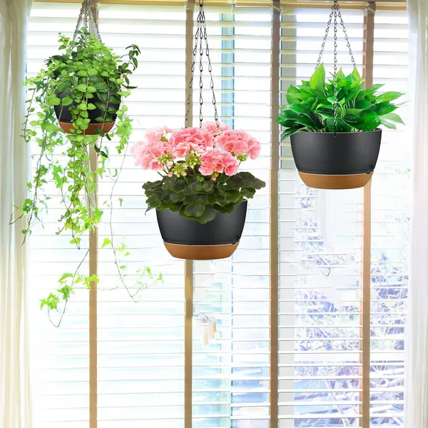 4Pcs 9.64In Diameter Hanging Planter With Drainage Holes Removable Self-Watering Tray Plastic Hanging Flower Plant Pots For Indoor Outdoor Herb Ivy Fern