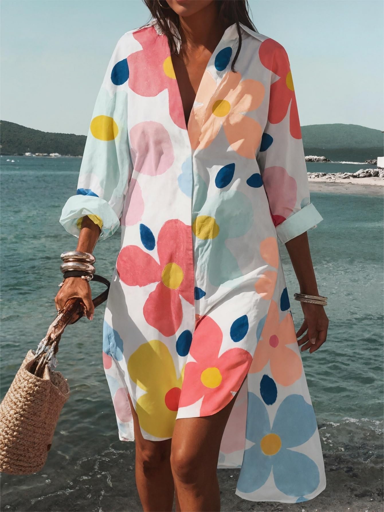 Women's Floral Print Oversized Tunic Dress Lightweight Long Sleeve Beach Cover Up