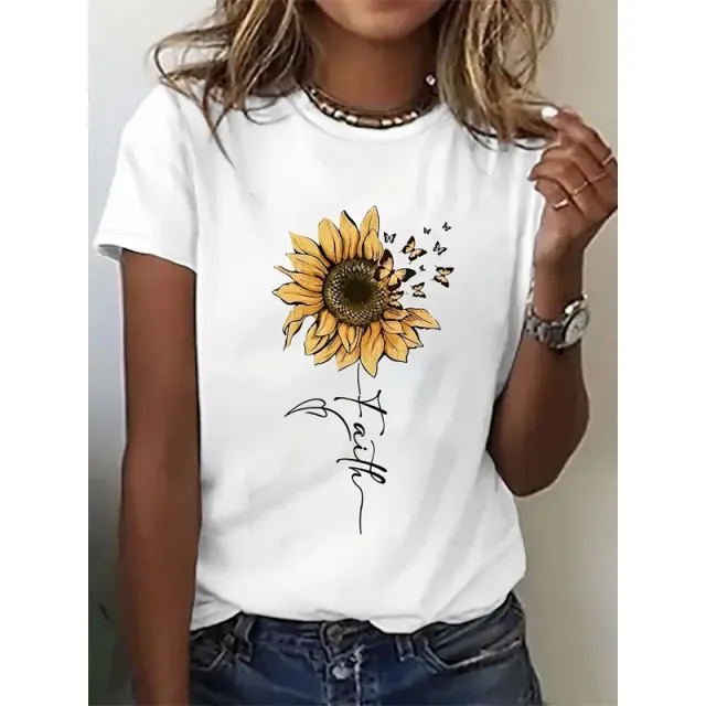Women's Summer Sunflower Print Top Round Neck Short Sleeve T Shirt White - Shop at LoveMi
