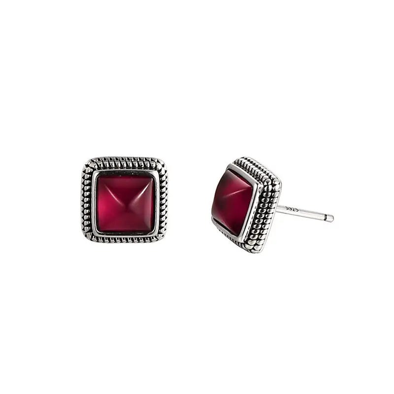 S925 Silver Vintage Court Style Simple Geometric Square Ruby Stud Earrings