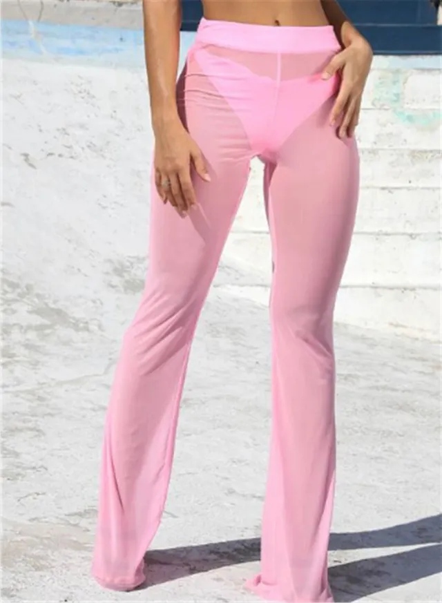 Ladies Mesh Wide Leg Flare Casual Pants Pink - Shop at LoveMi