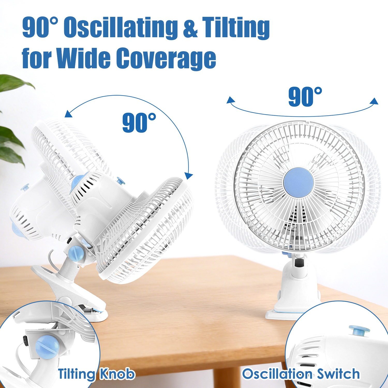 8.66In Oscillating Clip On Fan 2 Speeds Quiet Clamp Fan With 90 Degree Oscillating & Tilting Angle Desktop Wall Mount For Home Office Dorms Strollers