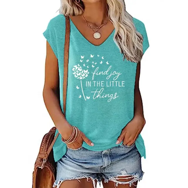 Women's V Neck Short Sleeve T Shirt Dandelion & Lettering Print Summer Casual Top Green - Shop at LoveMi