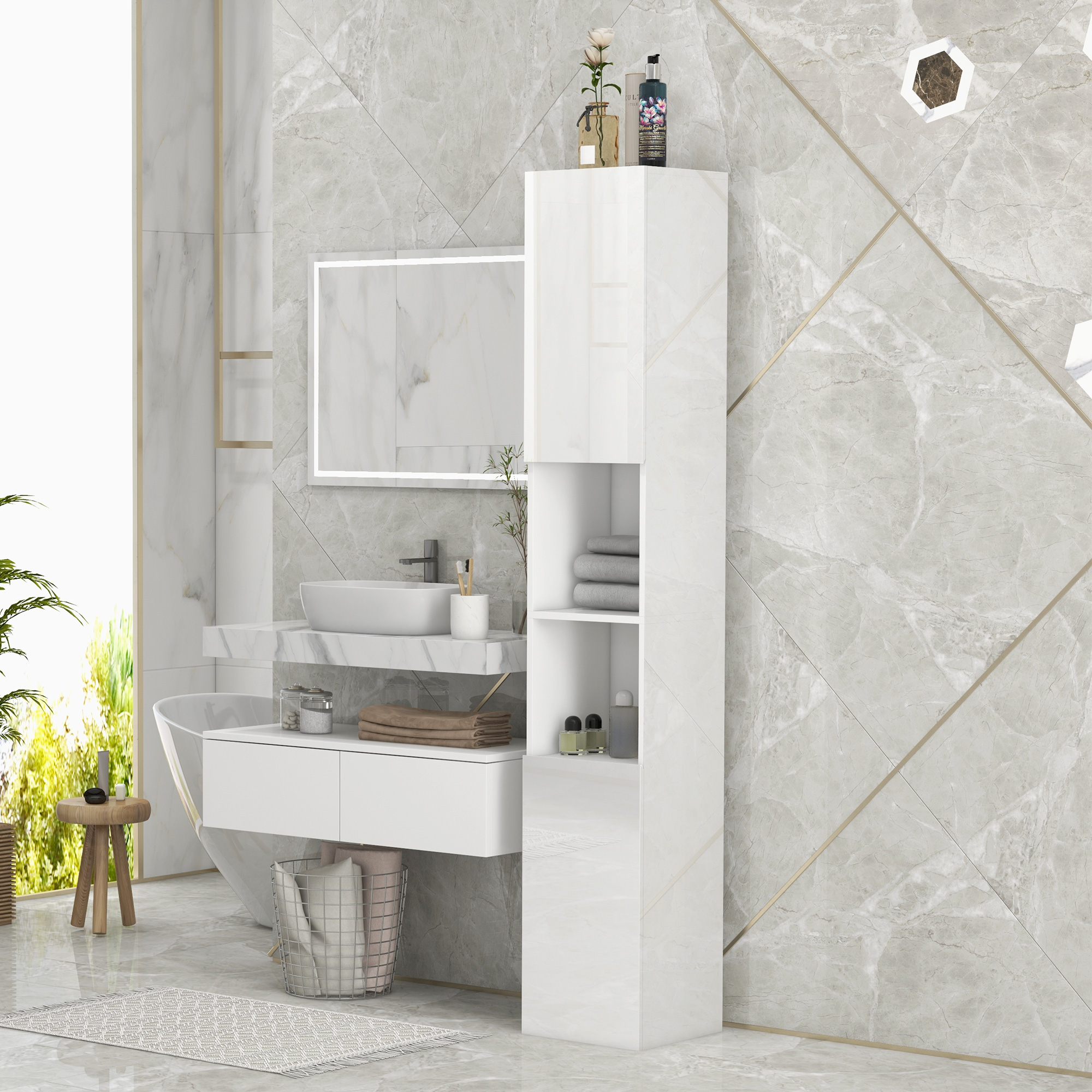 Independent Bathroom Cabinet, High Gloss Storage With Door And Adjustable — image 2