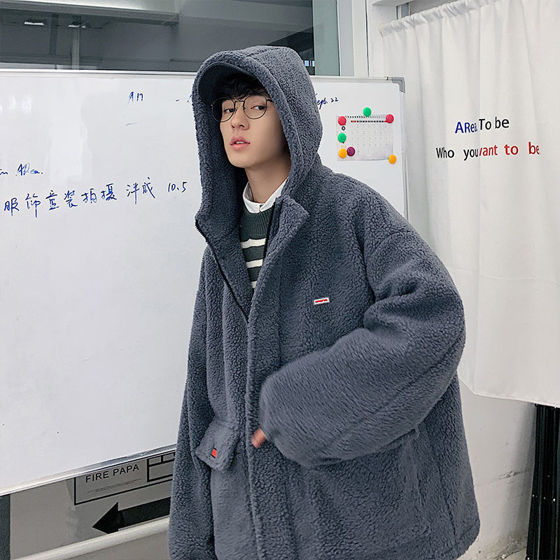 Men's Trendy Brand Cotton Hood And Cashmere Lamb Velvet Padded Jacket