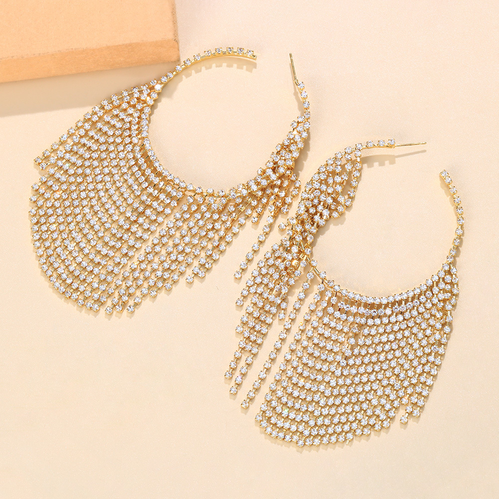 Exaggerated Personality Tassel Rhinestone Ring Earrings