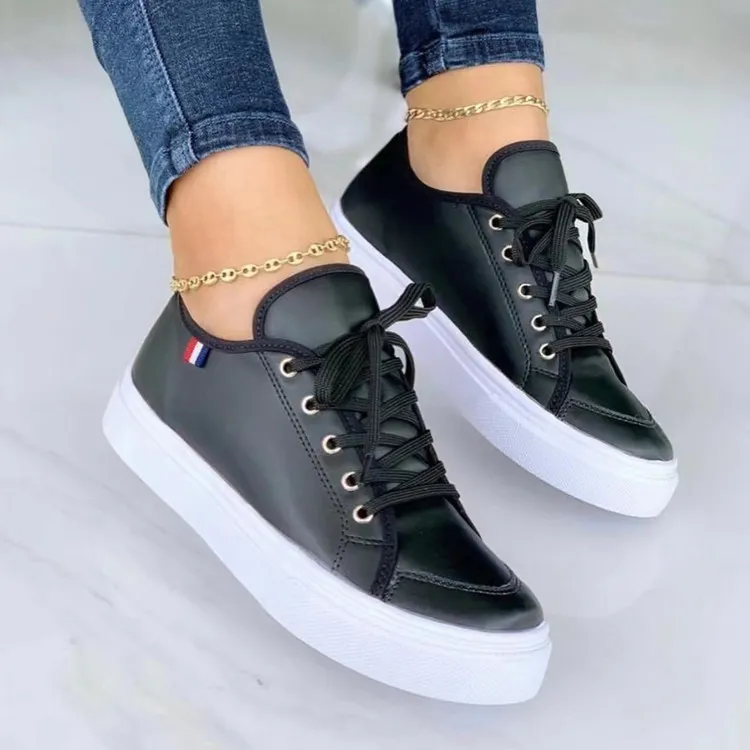 Lace-up Flats Slip On Sneakers Walking Shoes - Black