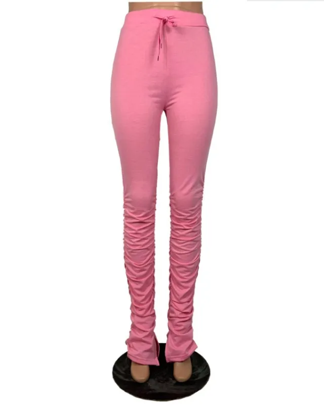 Solid Color Sweatshirt Fabric Pleated Slit Micro Flare Sweatpants Pink - Shop at LoveMi