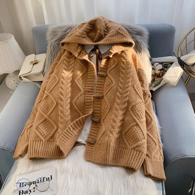 Horn Button Hooded Twist Sweater Jacket Brown - Shop at LoveMi