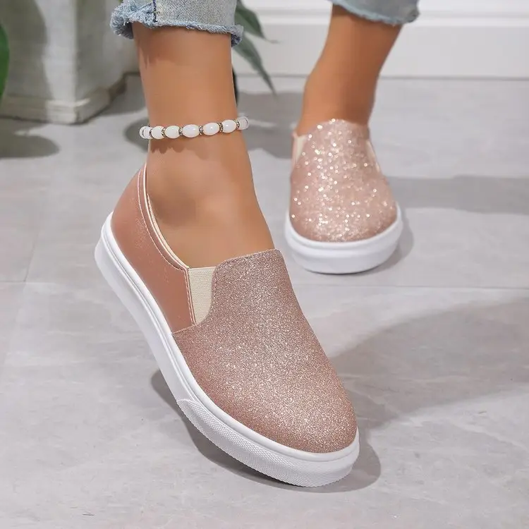 Round Toe Flat Shoes with Sequined Loafers Walking Women