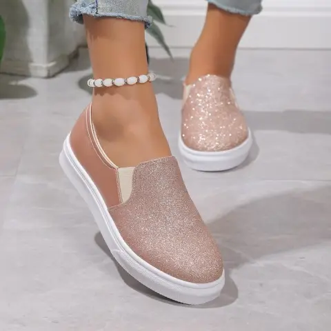 Round Toe Flat Shoes with Sequined Loafers Walking Women