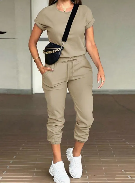 Women Solid Color Round Neck Short Sleeve Top And Drawstring Pocket Long Pants Casual Suit Apricot - Shop at LoveMi