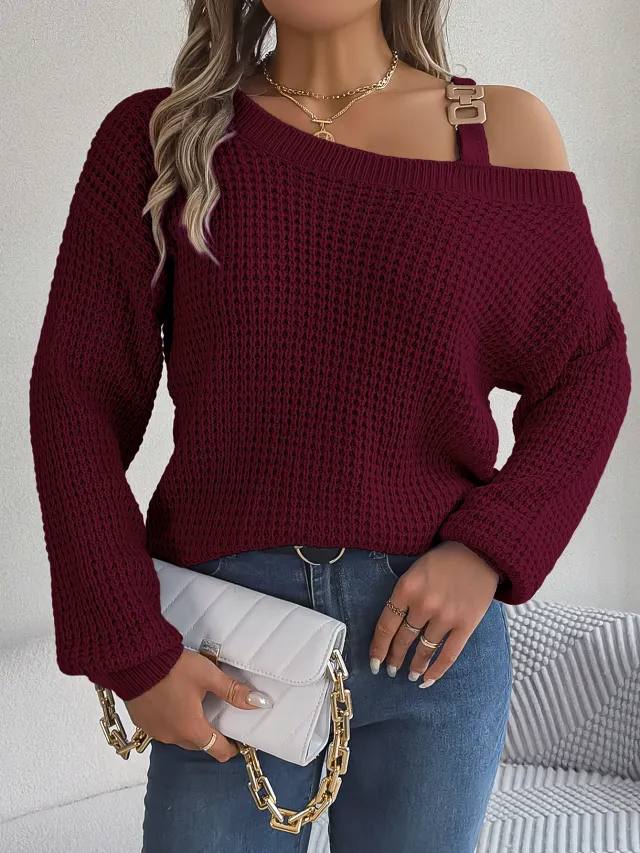 Casual Metal Button Color Block Off Shoulder Lantern Sleeve Pullover Sweater Burgundy - Shop at LoveMi