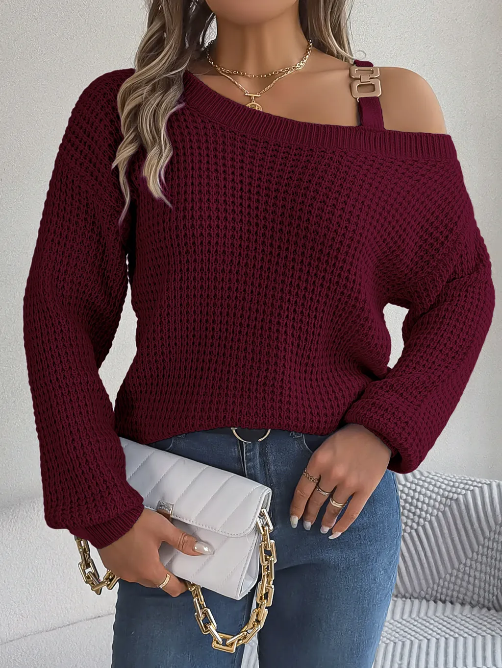 Casual Metal Button Color Block Off-Shoulder Lantern Sleeve Pullover Sweater - Burgundy