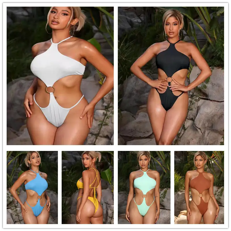 Double Ring Solid Color Foreign Trade One-piece Swimsuit