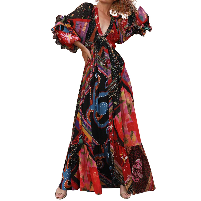 Printed Bohemian Casual V-neck Long Sleeve Dress