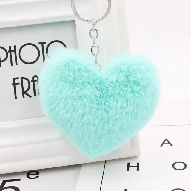 Heart shaped Fur Ball Keychain Rex Rabbit Plush Car Pendant Mint Green - Shop at LoveMi